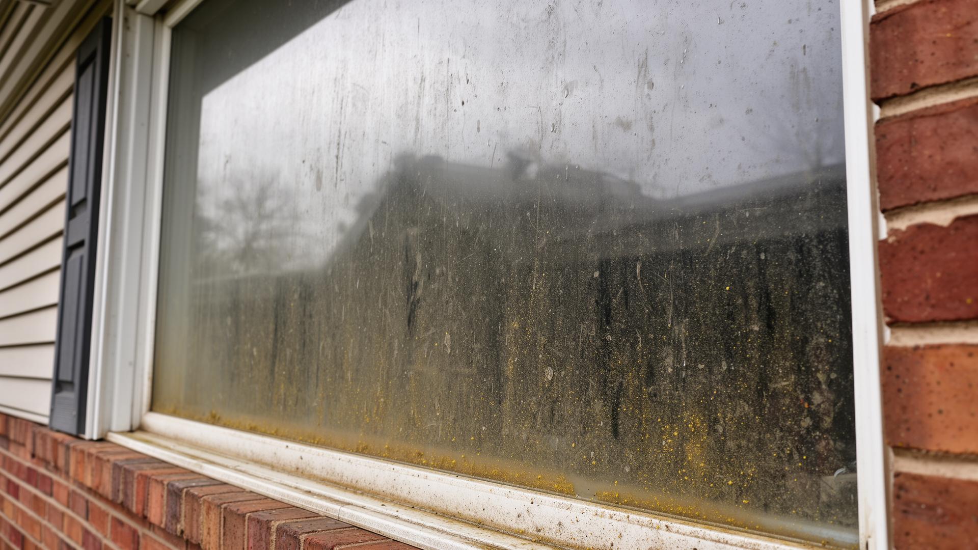 Same window before cleaning β covered in dust, pollen and water spots